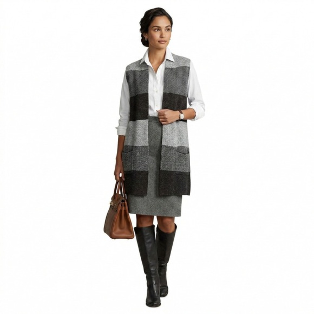 Evolution Womens Colorblock Open‎ Front Sweater Vest Gray Cozy Old Money Size L
